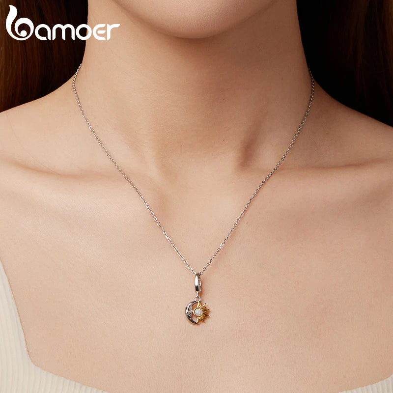 BAMOER 925 Sterling Silber Sonnen- und Mond-Medaillon-Anhänger mit Regenbogenopal-Dämonenaugenperlen, Original für Damen, DIY-Schutzhalskette
