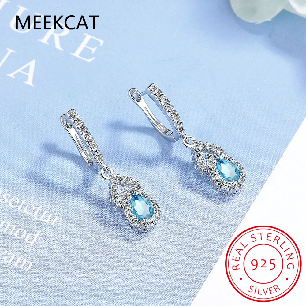 Pear Cut Blue Sapphire 925 Sterling Silver Water Drop Earrings for Women Gemstone Fine Jewelry Birthday Gift