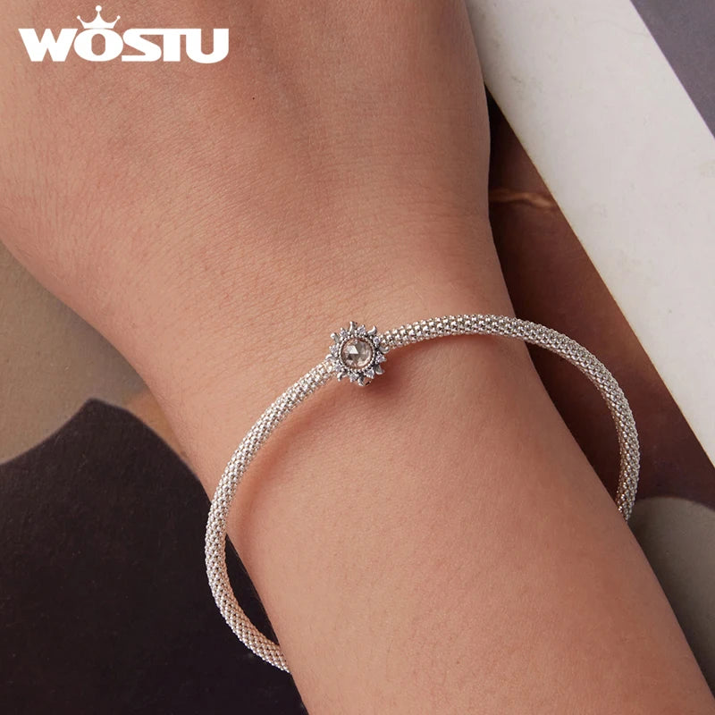 WOSTU 925 Sterling Silver Sunflower Silicone Spacer Beads Zircon Clip Charms Turtle Safty Chains Fit Original Bracelet Necklace