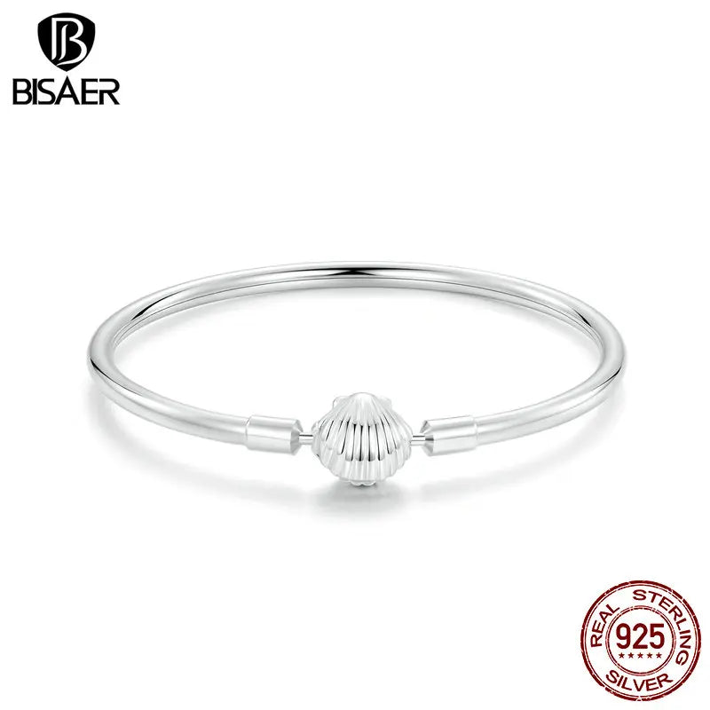 BISAER 925 Sterling Silver Sea-Shell Basic Bracelet Shell Buckle Bangle Plated White Gold for Women Charm Bead DIY Fine Jewelry