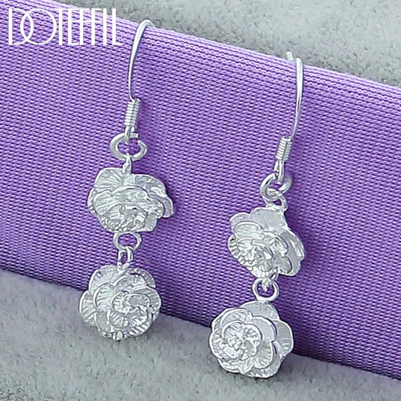 DOTEFFIL 925 Sterling Silver Rose Flower Drop Earrings For Woman Wedding Engagement Fashion Party Charm Jewelry