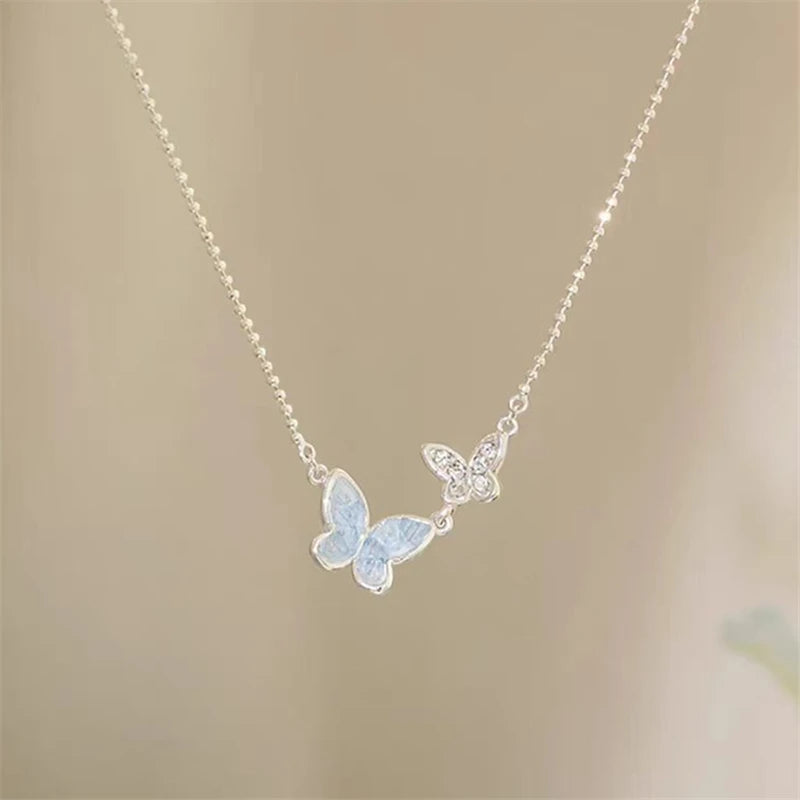 New Luxury Blue Crystal Butterfly Pendant Necklace for Women Shiny Zircon Double Butterfly Temperament Choker Girl Party Jewelry