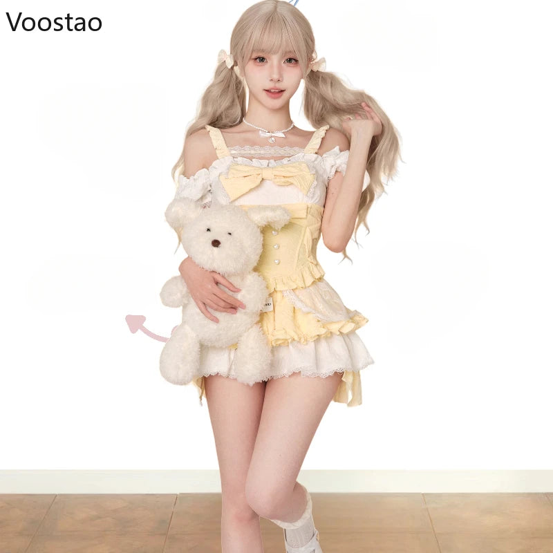 Sweet Lolita Style Skirt Set Women Kawaii Lace Ruffles Bow Slim Blouse Cute Mini Cake Skirts Suits Female Korean Y2k 2 Piece Set