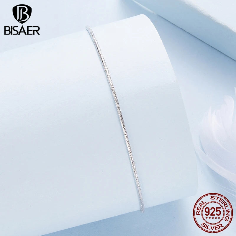 BISAER 925 Sterling Silver Sparkling Chain Bracelet Classic Chopin Chain Plated White Gold for Women Charm Bead DIY Fine Jewelry