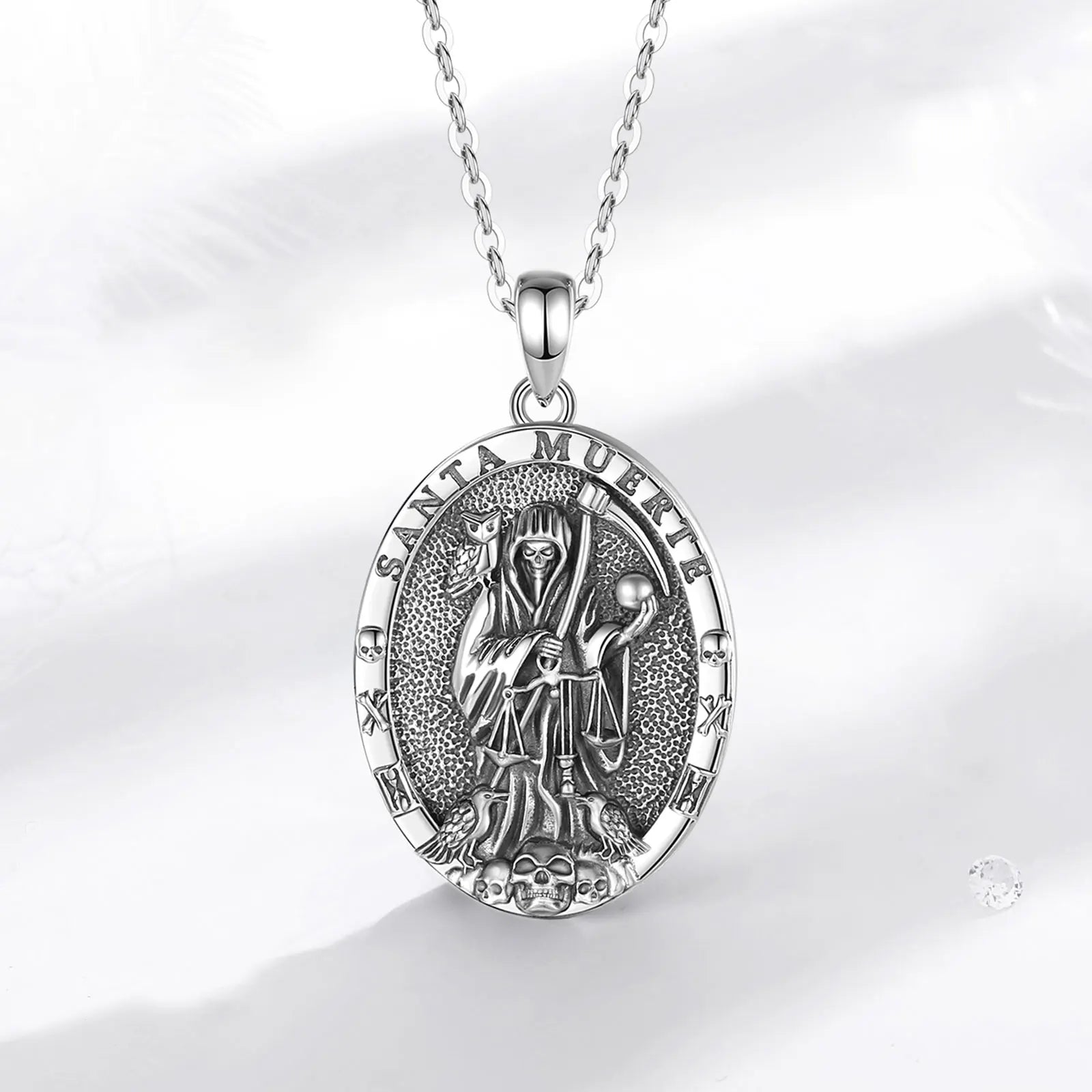 Eudora 925 Sterling Silver Santa Muerte Necklace for Women Man Holy Death Scythe Pendant Santa Muerte Jewelry Personality Gift