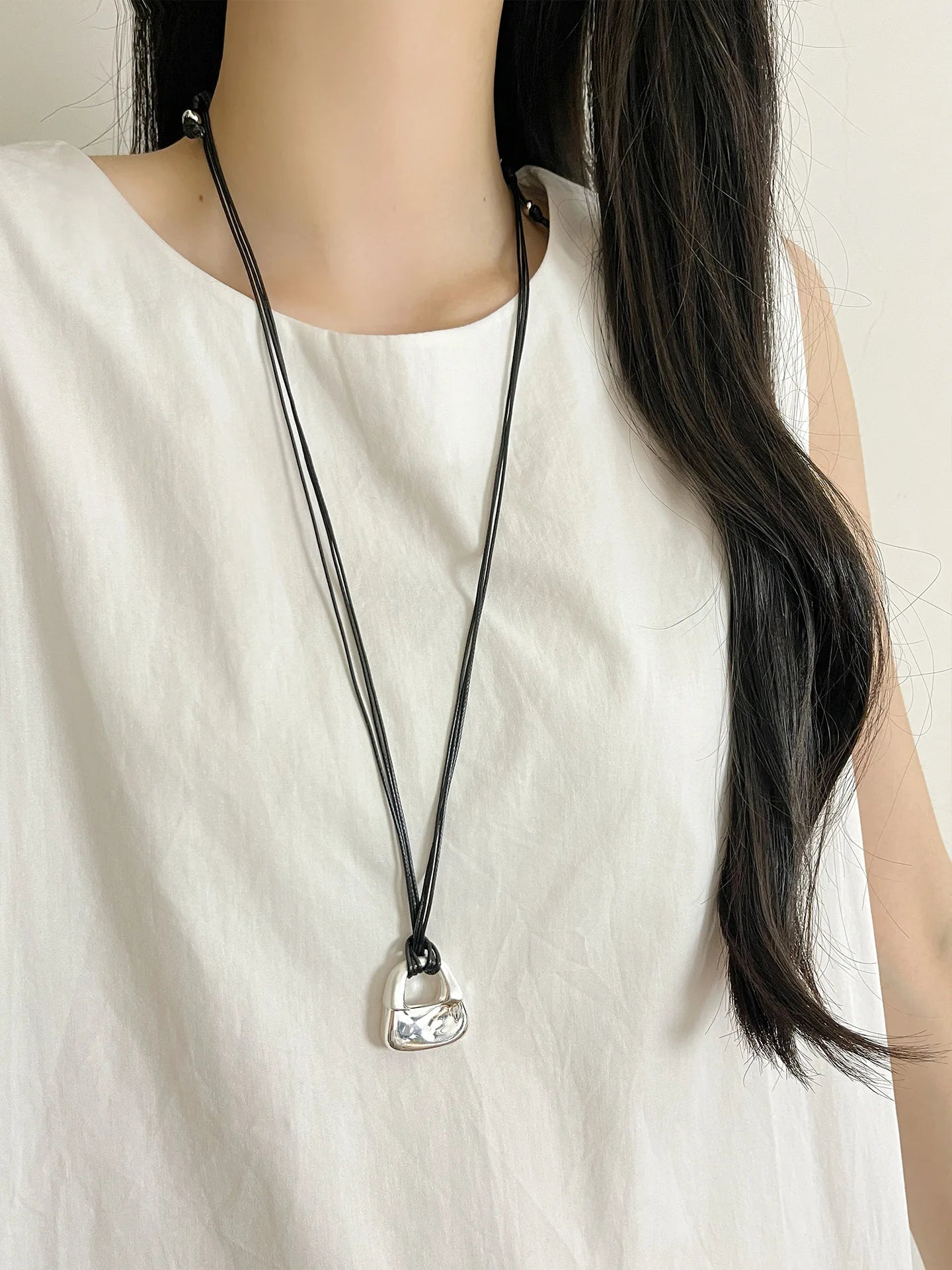 Silver Color Bag Pendant Long Necklace Black Rope Sweater Chain
