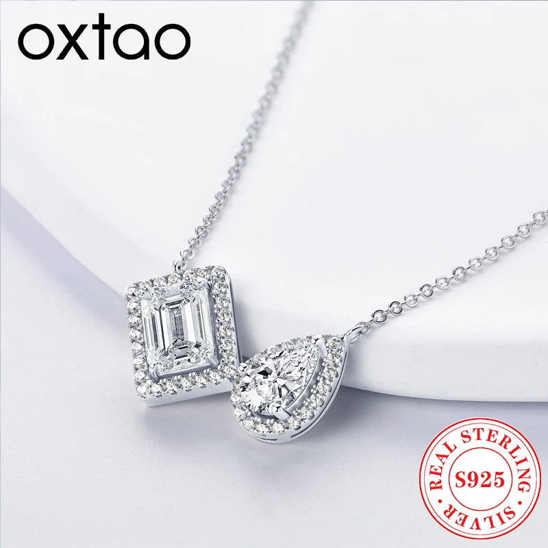 OXTAO 925 Silver 8x6mm Emerald Cut Moissanite Pendant Necklaces  for Women Drop-shaped Clavicle Chain Necklace Jewelry Gift