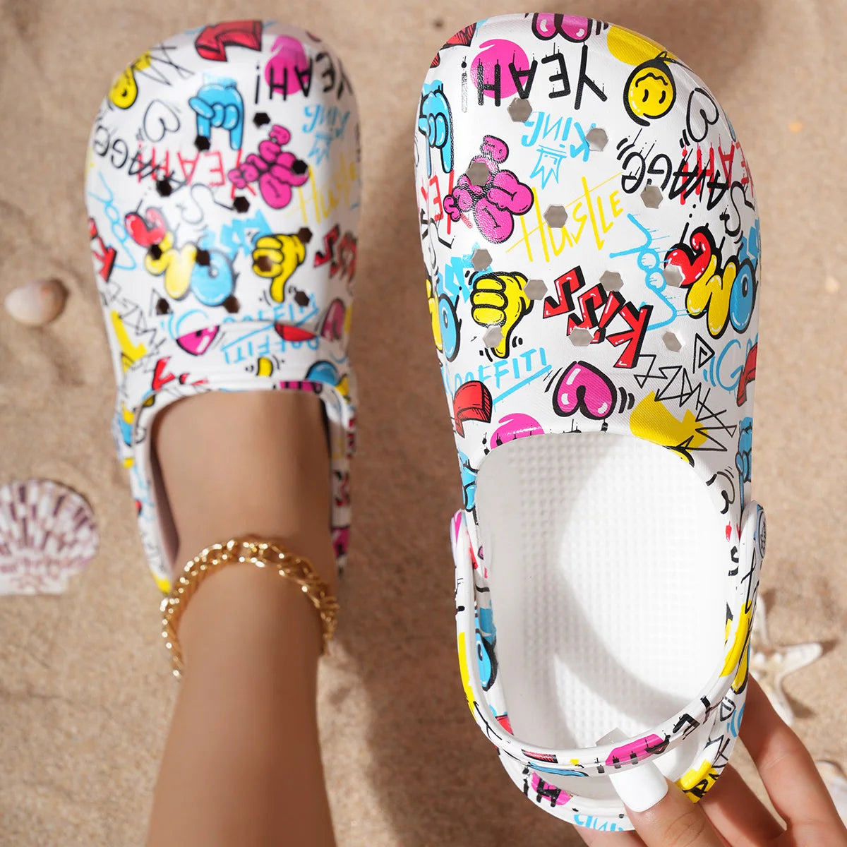 Women's Trendy Graffiti Pattern Clogs, Casual Hollow Out Design Garden Shoes, Comfortable Slip On Beach Slides