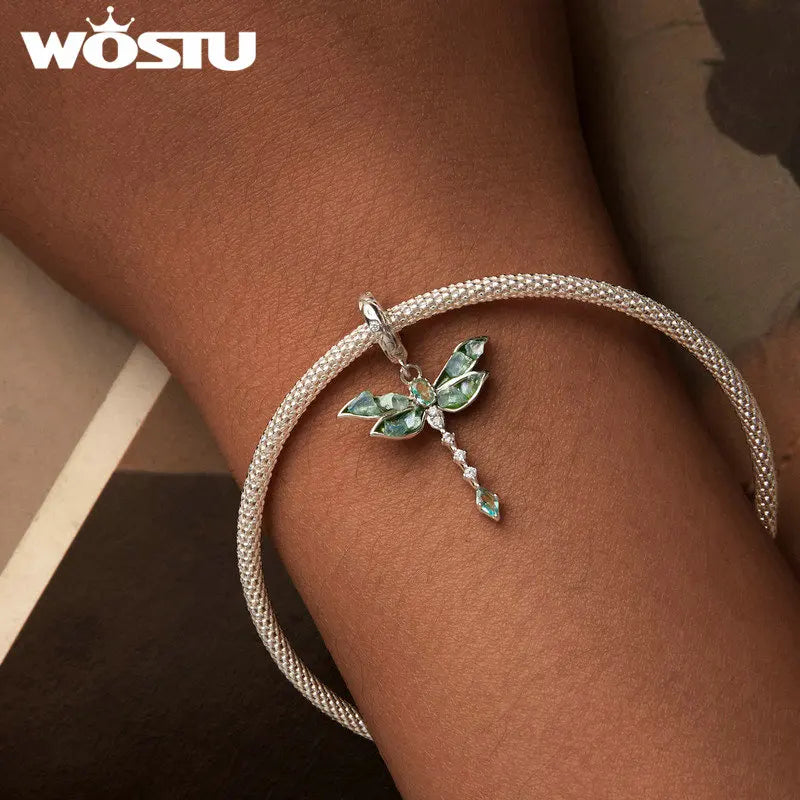 WOSTU 925 Silver Green Butterfly Heart Charm Clover Murano Bead Dragonfly unicorn Pendant fit Bracelet Necklace DIY Jewelry Gift