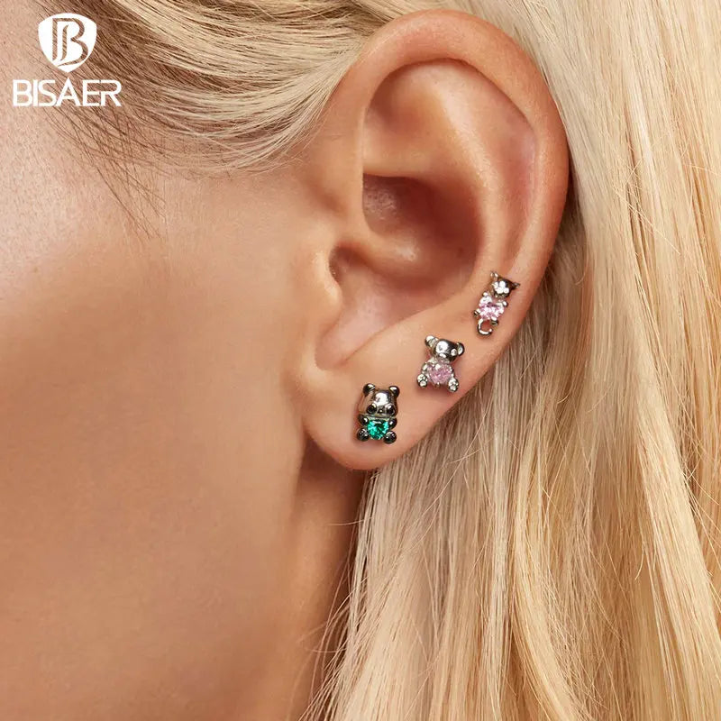BISAER Real 925 Sterling Silver Mini Kitty Stud Earrings Fox Koala Panda Bear Animals Stud Ear For Girls Party Fine Jewelry Gift