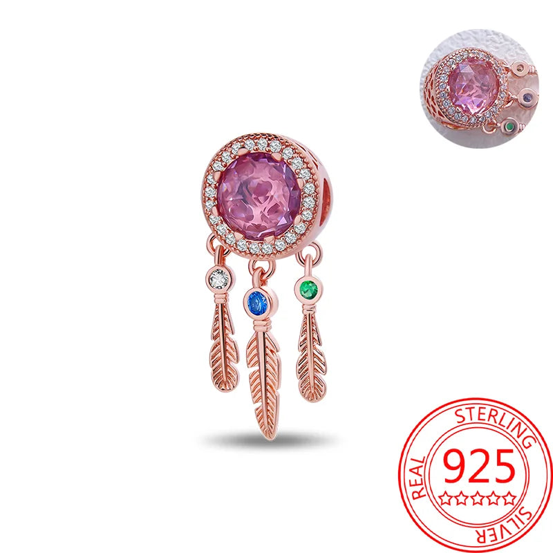 925 Sterling Silver Real Rose Gold Pink Octopus Summer Turtle Heart Dangle Charm Fit Original Bracelet Necklaces Bracelet Girl