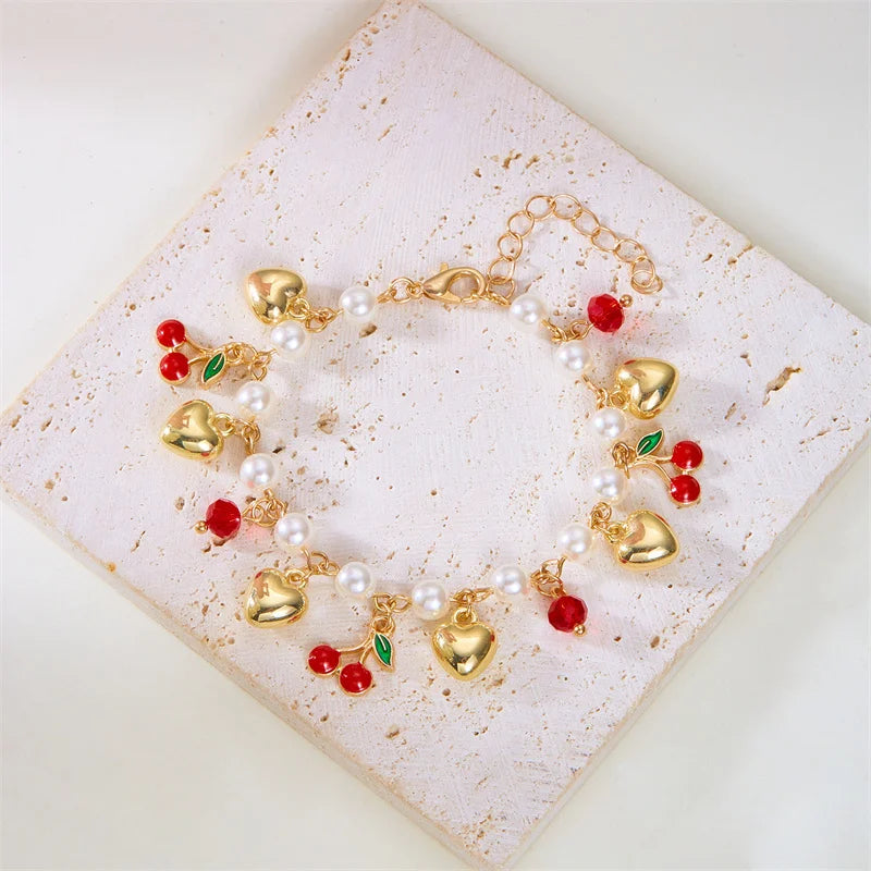 Charm Red Strawberry Bracelet For Women Cute Cherry Heart Shape Fruit Pearl Metal Chain Wristband Girls Party Friendship Jewelry