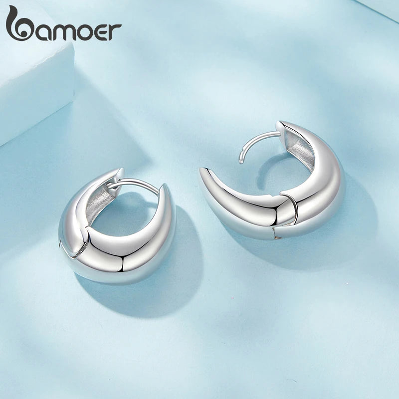 BAMOER 18K Gold Plated 925 Sterling Silver Post Glossy Hoop Earrings, High Polished Trendy Fashion Statement Jewelry for Women