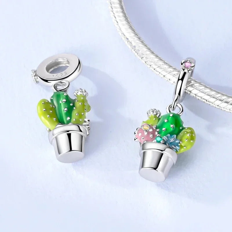 925 Sterling Silver Green Series Tree Cactus Leaves Pendant DIY Charm Beads Fit Original Bangle Charms Bracelet Women Jewelry