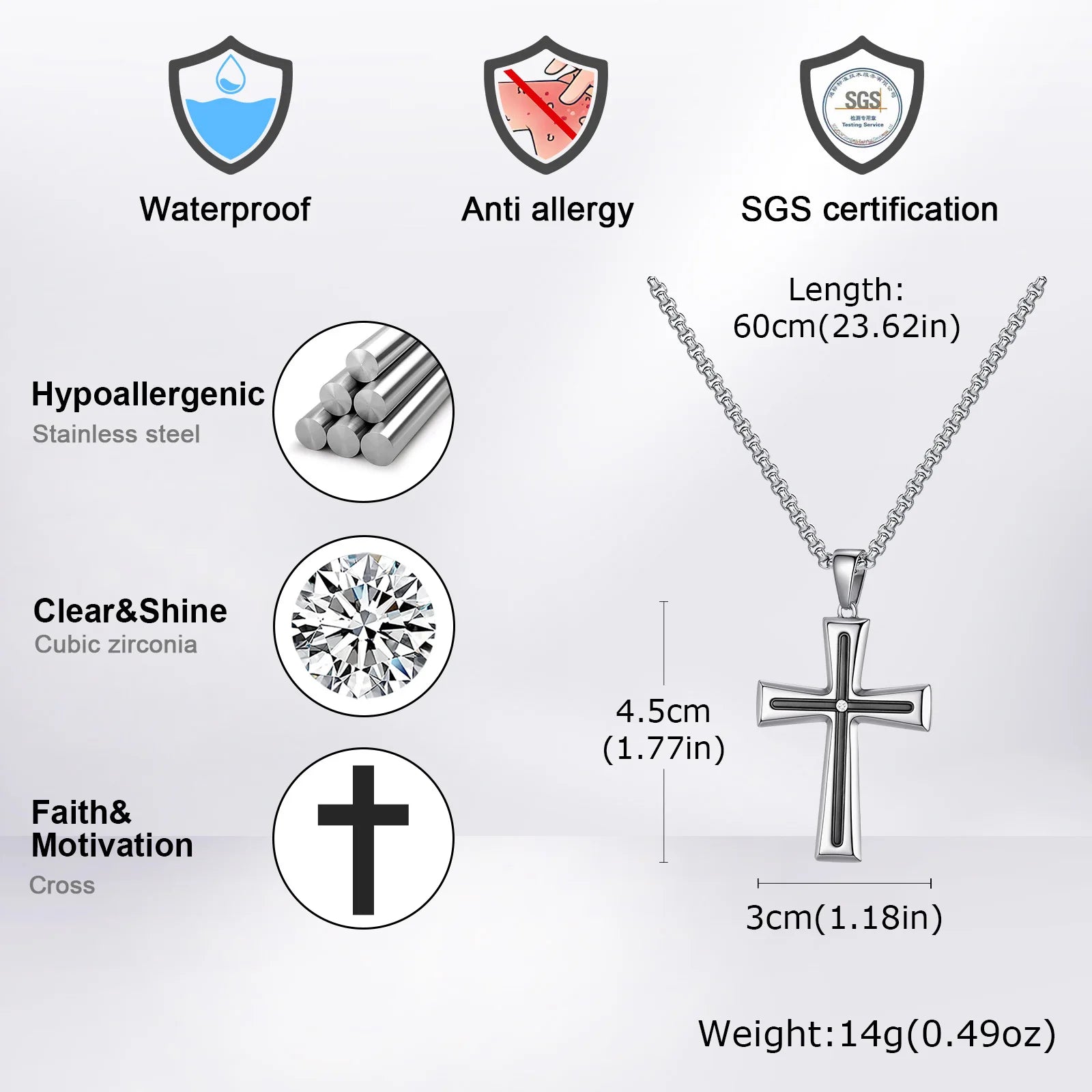 Collier croix Vnox pour homme avec pendentif en acier inoxydable noir et argent, orné d'une pierre en zircone cubique. Accessoire religieux à offrir.