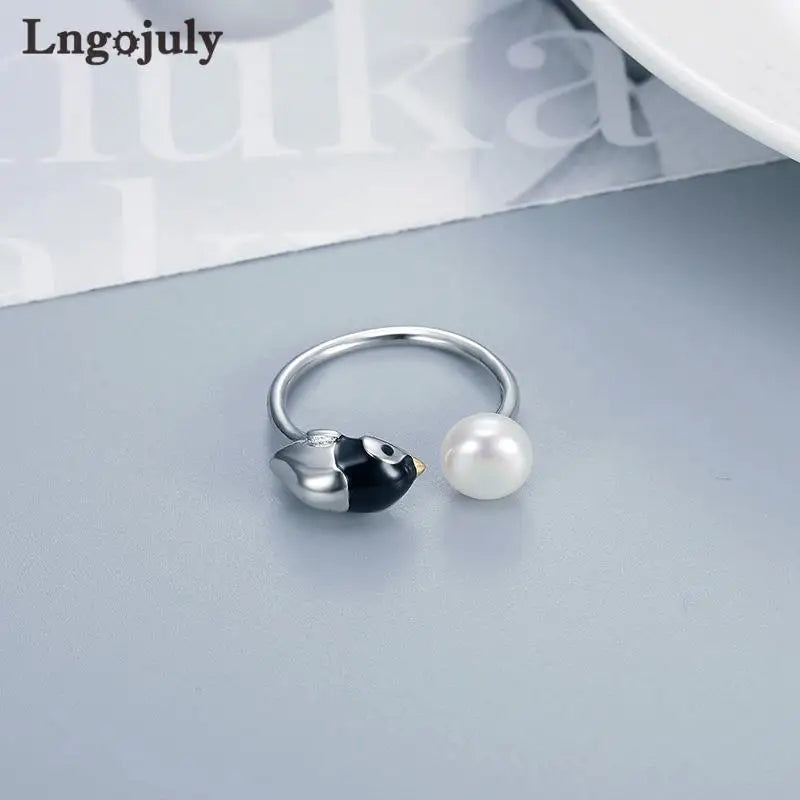 Fine Jewelry 925 Sterling Silver Adjustable Pearl Penguin Ring For Women Girl Anniversary Wedding Party Jewelry Gifts