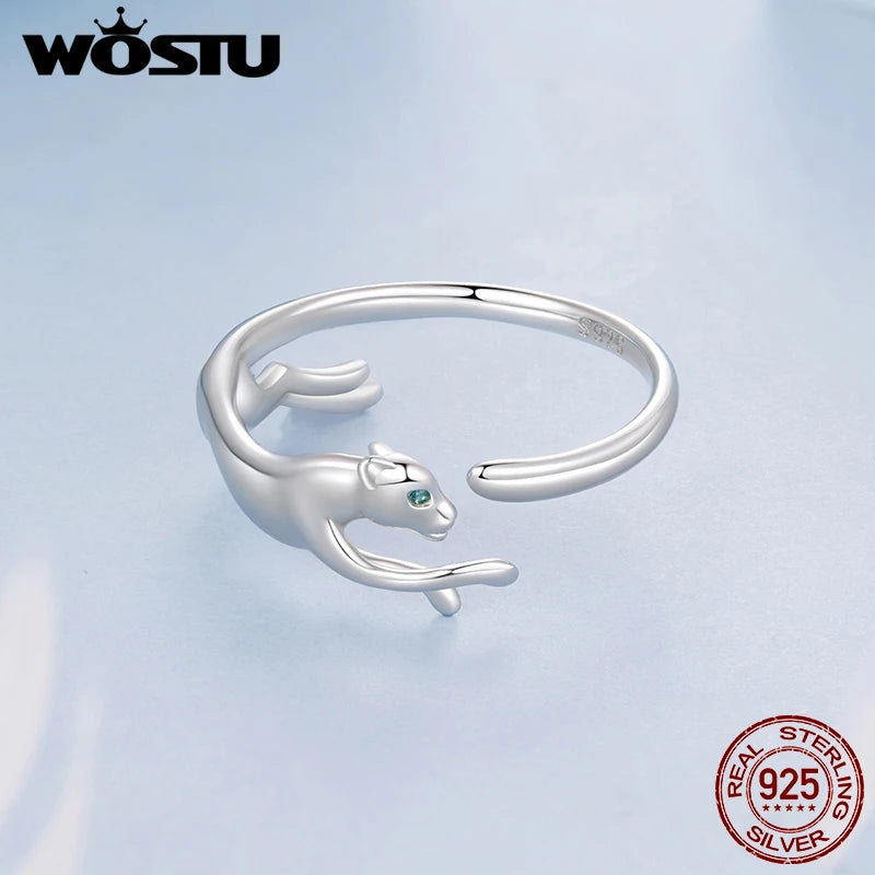WOSTU S925 Silver Panther Leopard Ring for Women, Elegant Big Cat Animal Adjustable Rings With Green Crystal Eyes Statement Gift