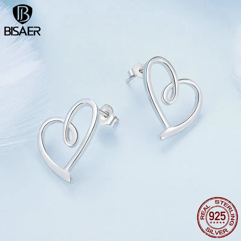 BISAER 100% 925 Sterling Silver Simple Heart Stud Earrings Plaqué Platine Ear Clip Pour OL Femme Mariage Fine Jewelry EFE871