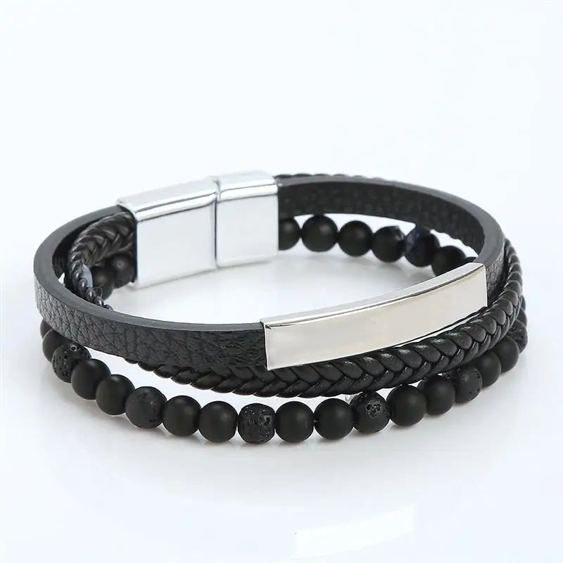 Fashion Cross Charm Mutilayer Leather Bracelet with Stainless Steel Clasp Men Punk Beaded Leather Bracelet For Men Jewelry Gift