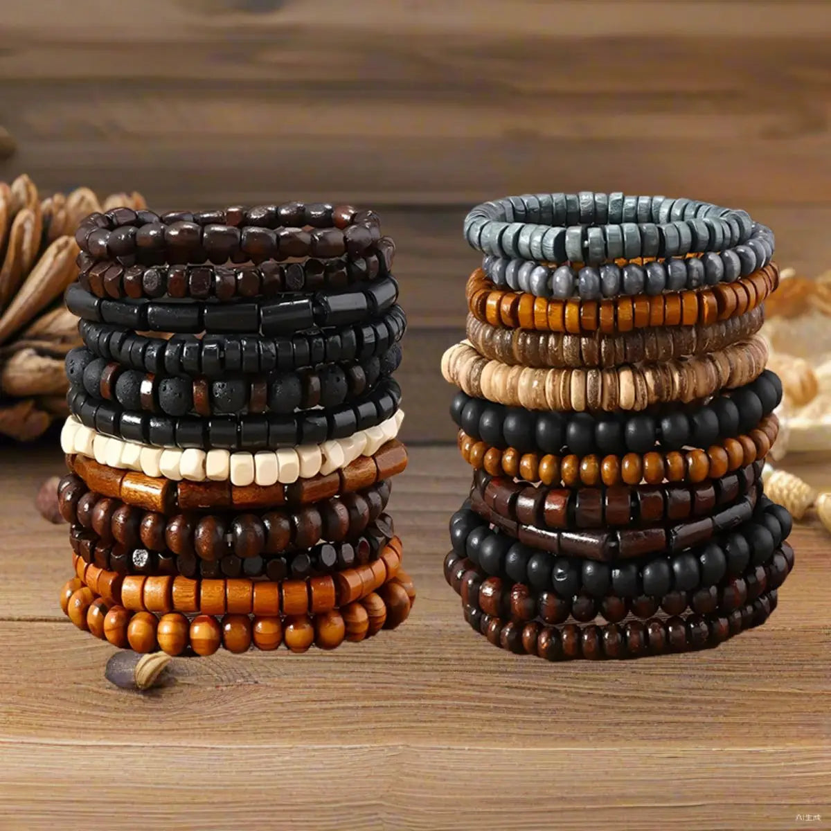 24pcs/set Men's Retro Trendy Multi-layer Bracelet Set, Versatile Elastic Thread Wooden Bead Bracelet