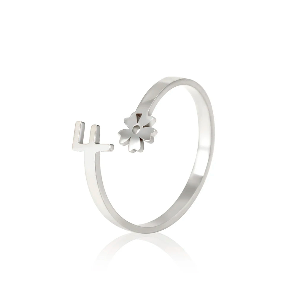 Stainless Steel Flower 26 Alphabet Open Ring for Women A-Z Initial Name Ring 2022 New Fashion Jewelry for Birthday Gift