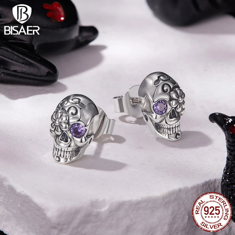 BISAER 925 Sterling Silver Skull Stud Earrings, Purple Zircon Earring Hypoallergenic for Women Party Fine Jewelry Halloween Gift