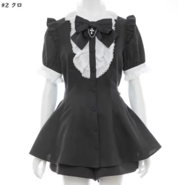 Japanese Gothic Y2k Lolita Plaid Dress Shorts Set Women Sweet Bow Sailor Collar Puff Sleeve Party Dresses Female A-Line Dress