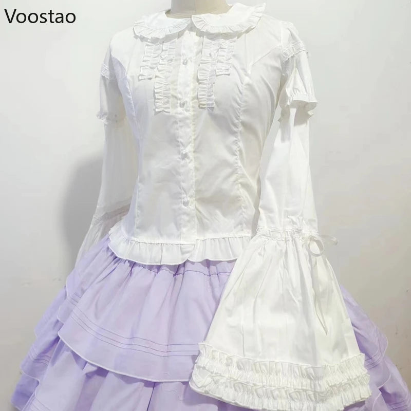 Victorian Gothic Lolita Shirts Women Sweet Elegant Detachable Long Sleeves Blouses Japanese Vinatge Peter Pan Collar Slim Tops - Madeinsea©