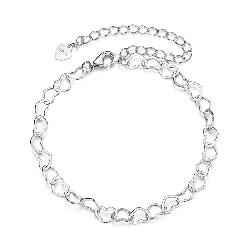 BAMOER Armband aus 925er Sterlingsilber mit hohlem Herz, verstellbare, zierliche Handgelenkkette, leichtes Schmuckstück, süßes Geschenk für Mädchen