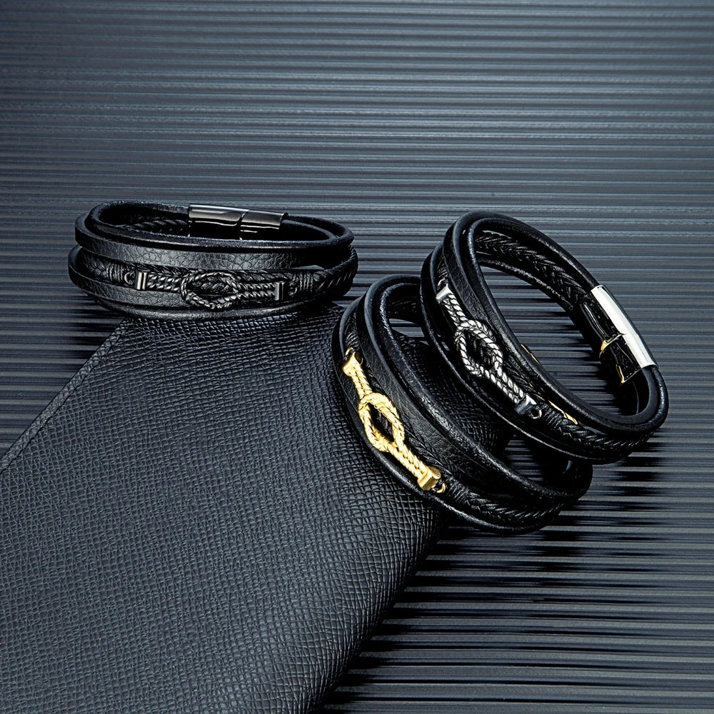 MKENDN High Quality Braided Leather Bracelet Men Stainless Steel Magnet Buckle Infinity Knot Leather Bracelet For Men Jewelry