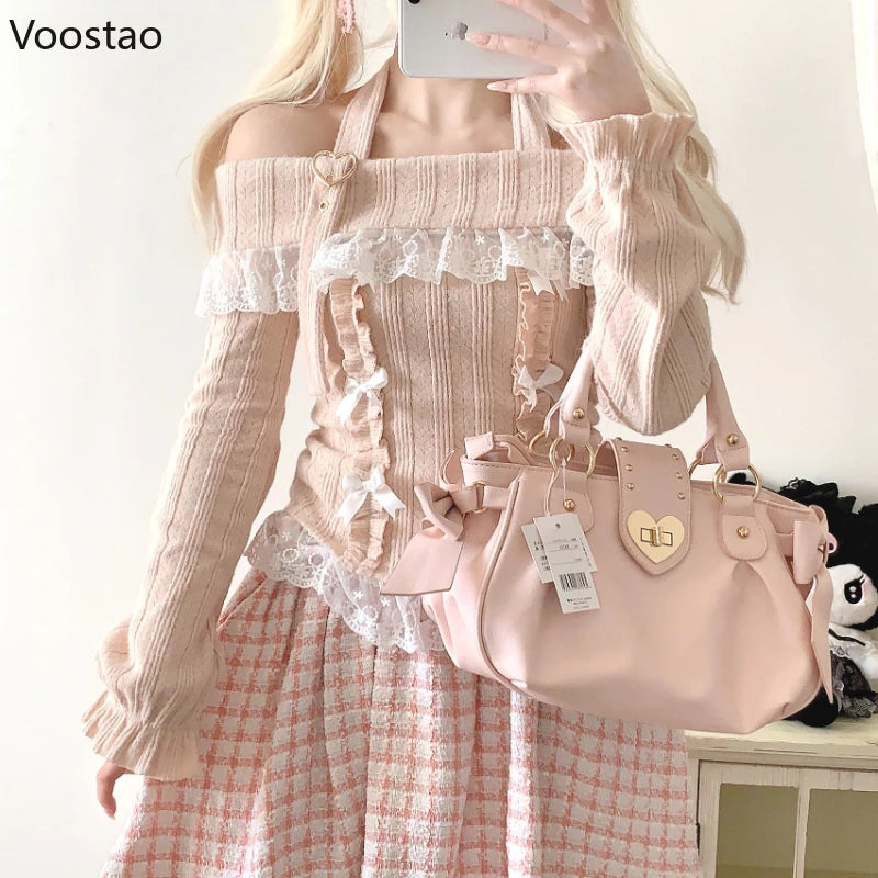 Sweet Lolita Style Knitted Pullover Women Harajuku Off Shoulder Lace Ruffles Bow Long Sleeve Sweater Girls Cute Knitwear Tops