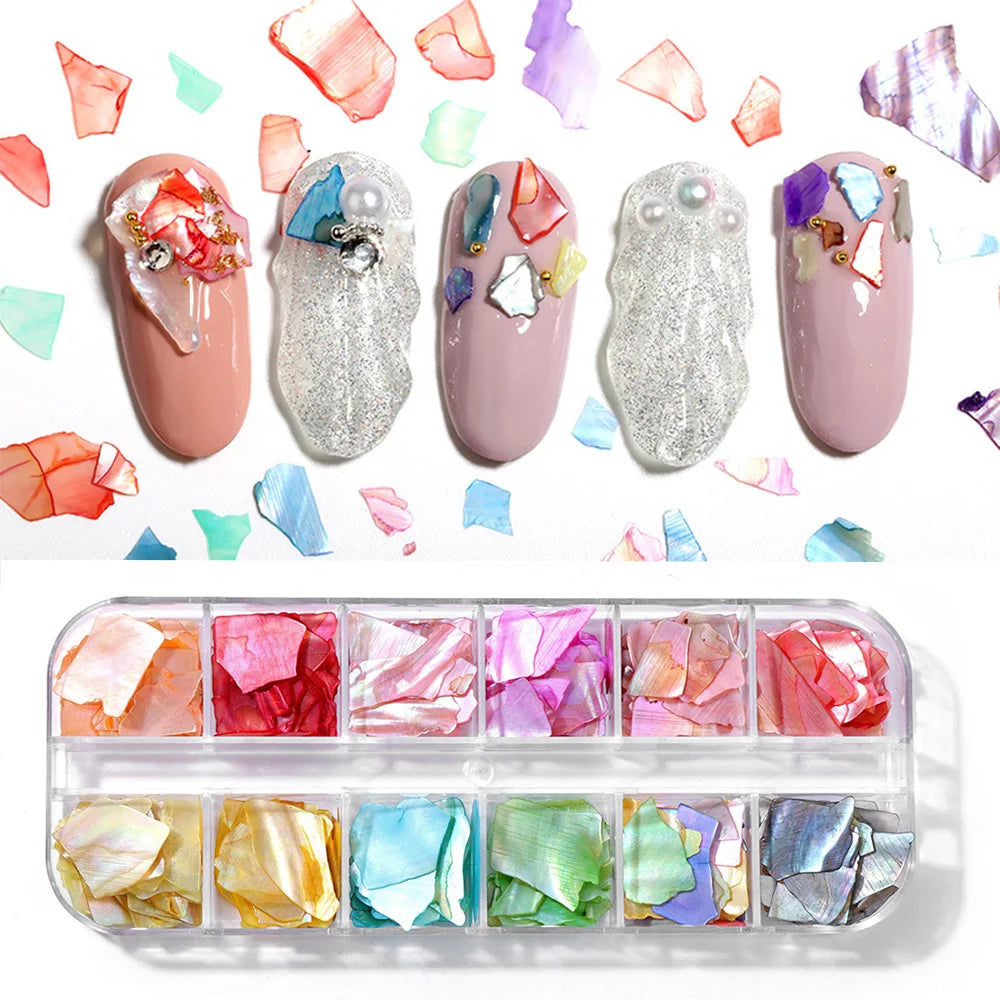 Unregelmäßige Abalone-Fragmente, Splitter, Kiesel, Muschelglitzerflocken für Nagelkunstdekoration, DIY-Charm-Maniküre-Accessoires