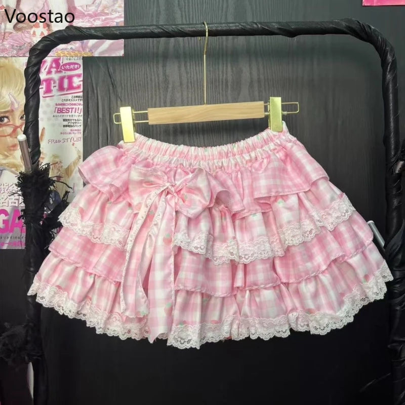 Japanese Kawaii Lolita Style Y2k Mini Skirt Women Sweet Strawberry Print Ruffle Punk Cake Skirt Girl Cute Bow Skirt Faldas Mujer