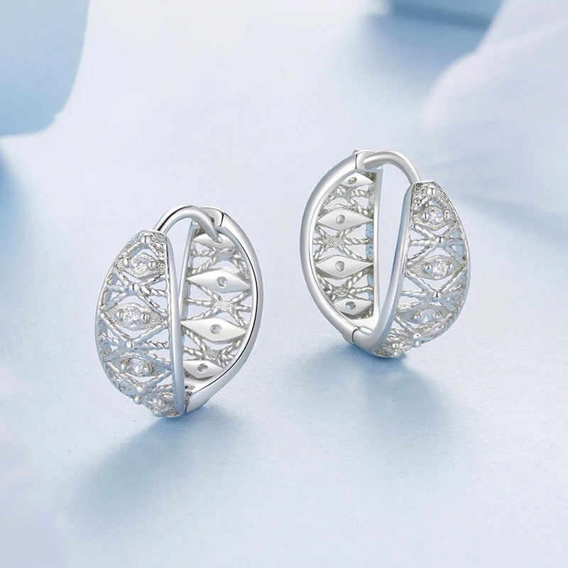 WOSTU Real 925 Sterling Silver Wedding Lace Hoop Earrings For Women Hollow Shiny Zircon Ear Buckles Engagement Party Gift