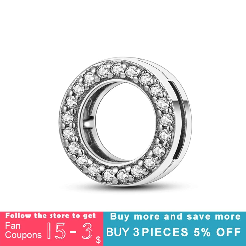 925 Sterling Silver Safety Chain Clip Round Pave Charm Beads Fit Original Pandora Reflexions Bracelet Charms Jewelry PTC088