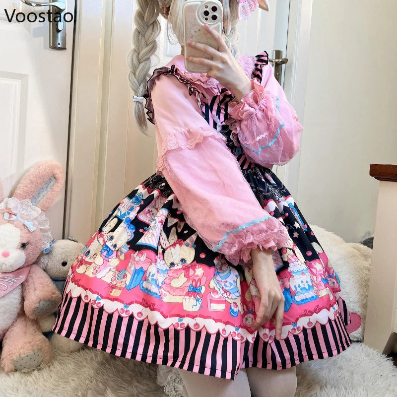 Japanisches Sweet Lolita Kleid Damen Niedliches Cartoon-Hasen-Dessert-Print Schleife Party Minikleider Mädchen Gothic Kawaii Prinzessinnenkleider