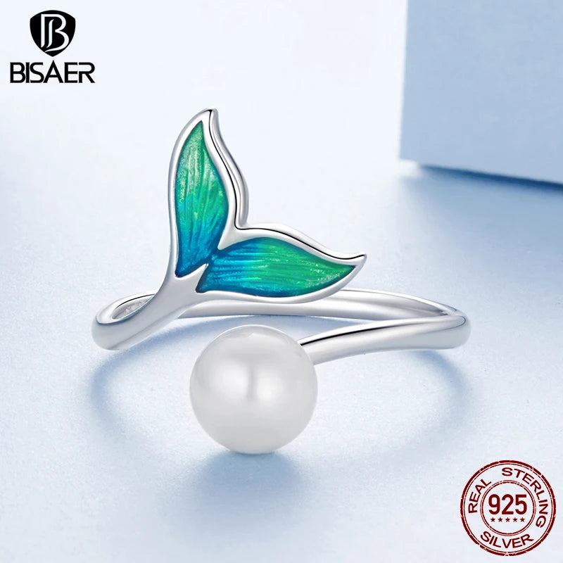 BISAER 925 Sterling Silver Mermaid Open Ring Pearl Gradient Enamel Band Plated White Gold for Women Party Original Fine Jewelry