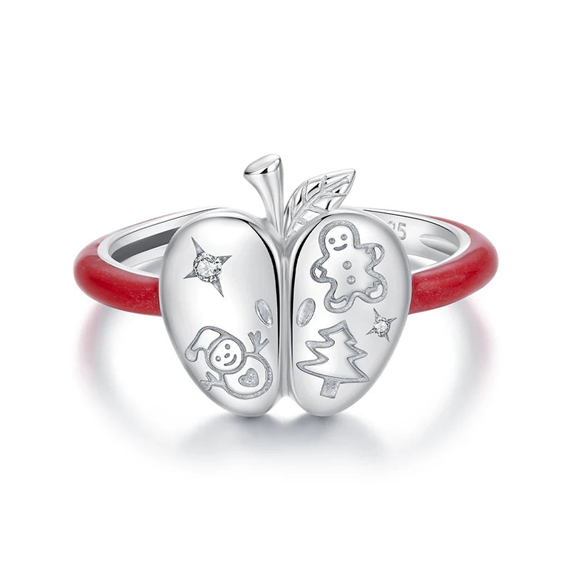 WOSTU 925 Sterling Silver Christmas Apple Open Ring Unique Adjustable Rings Xmas Gift For women