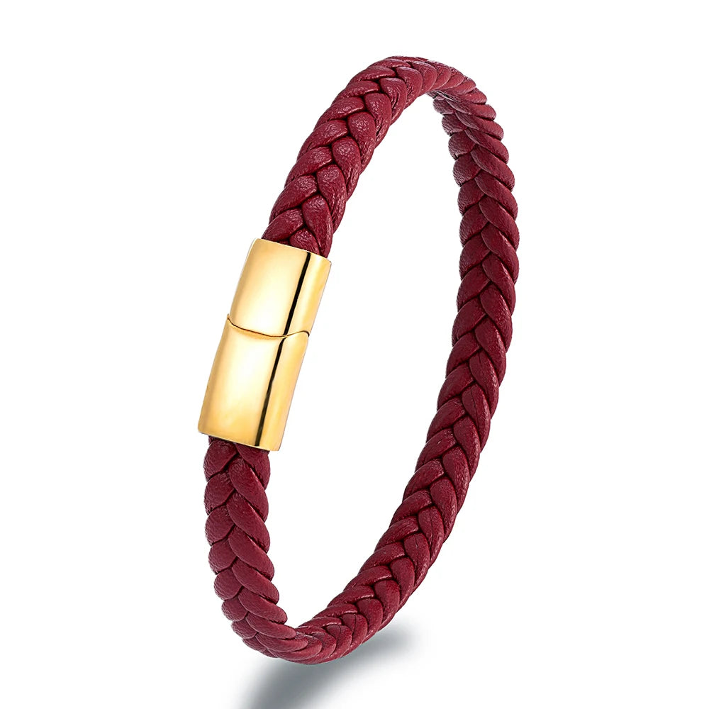 MKENDN Simple Classic Stainless Steel Bracelet for Women Men Genuine Braided Leather Bangles Special Couple Jewelry Gift