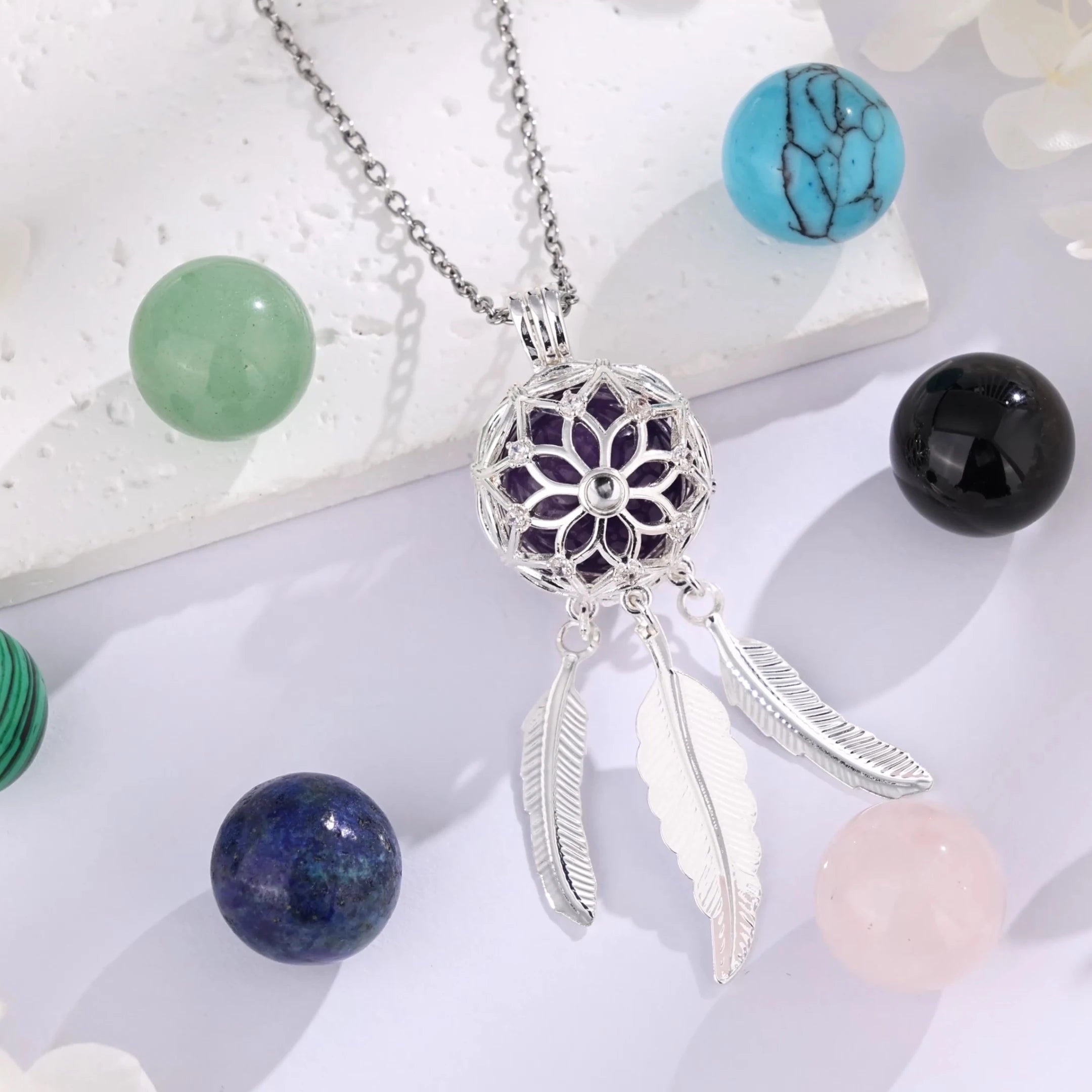 Eudora Dream Catcher Cage Necklace Amethyst Energy Healing Crystal Stone Jade Lapis Pendant Spiritual DIY Jewelry Obsidian Gift