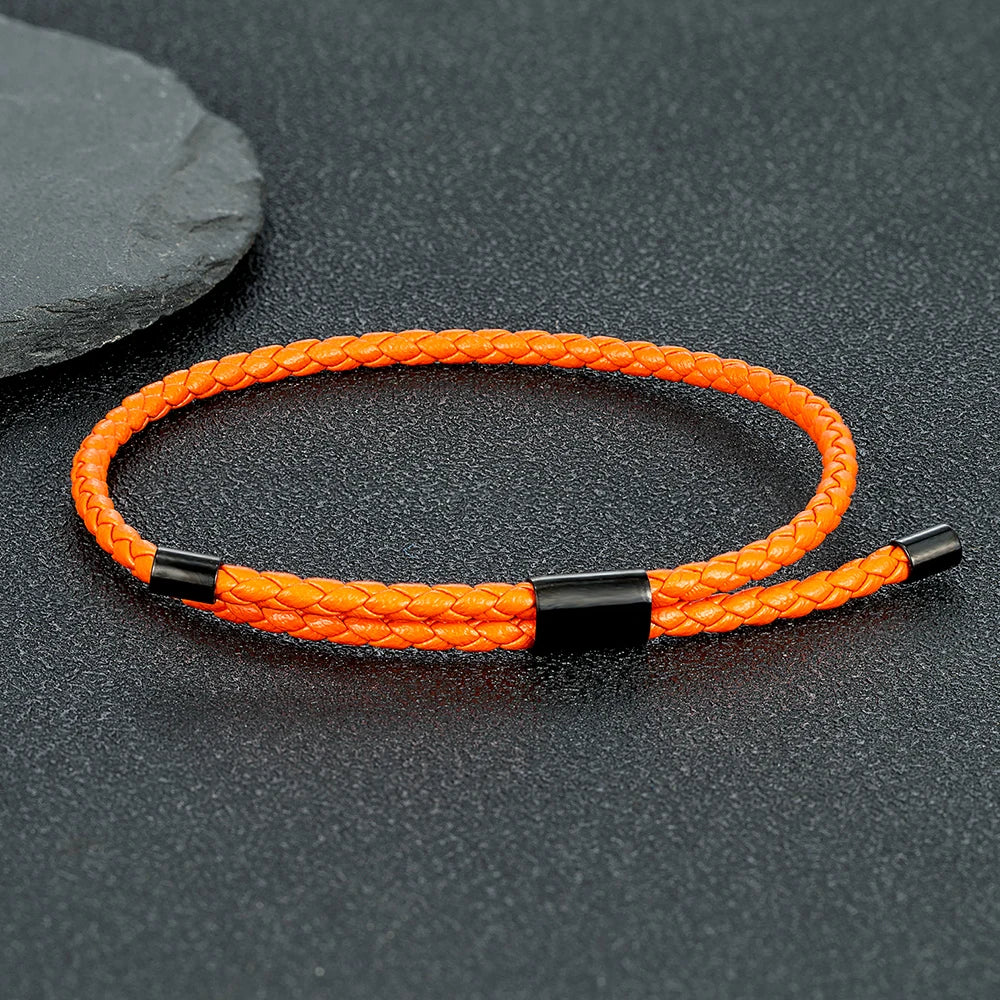 MKENDN Luxury Classic Men Jewelry 3mm Orange Braided Leather Bracelet Simple Adjustable Charm Bracelet for Men Women Gifts