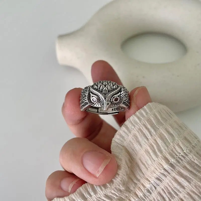 Buyee 925 Sterling Silber Großer Ring Finger Niedliche Eule Offener Ring für Frauen Mann Mode Tier Rock Punk Feiner Schmuck Kreis