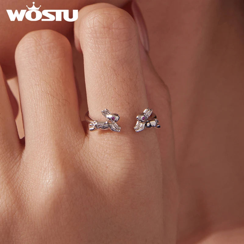 WOSTU Double 3D Rabbit Ring with Rose Red Eyes, Real 925 Sterling Silver Open Adjustable Animal Open Rings Cute Dainty Jewelry
