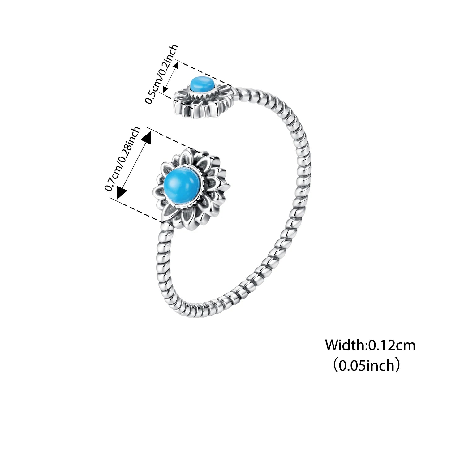 BISAER Solid 925 Sterling Silver Sunflower Turquoise Open Ring Vintage Blooming Flower Band for Women Party Fine Jewelry Gift