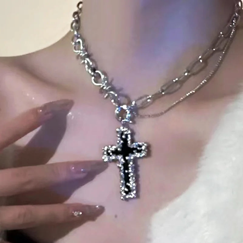2023 Y2K Pearl Cross Pendant Necklace Hip Hop Retro Women Religious Zircon Chain Necklaces Girls Punk Party Trendy Jewelry Gifts
