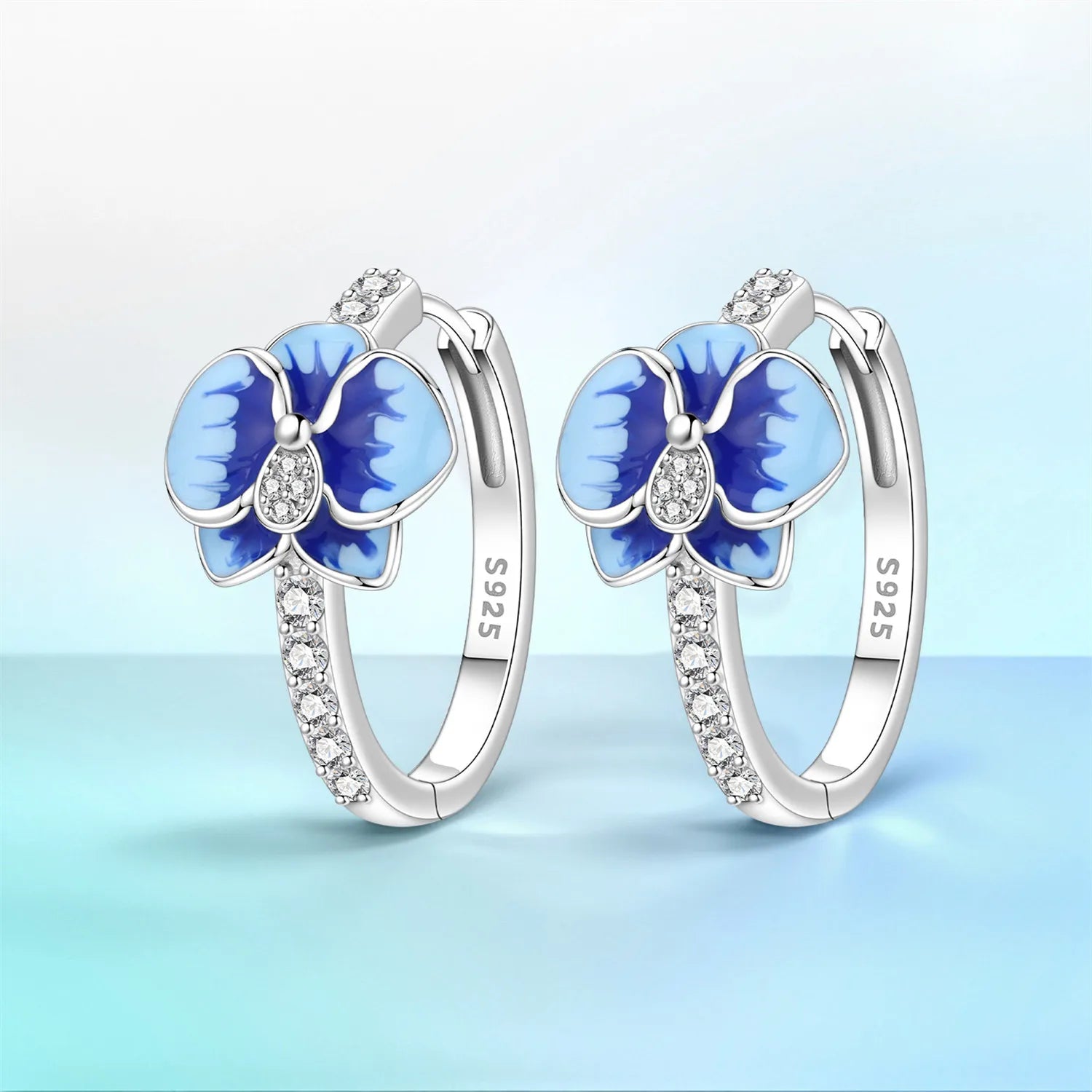 PANPOKI S925 Sterling Silver Blue Flower Earrings Versatile Hoop Earrings For Women Jewelry Original Party Gifts