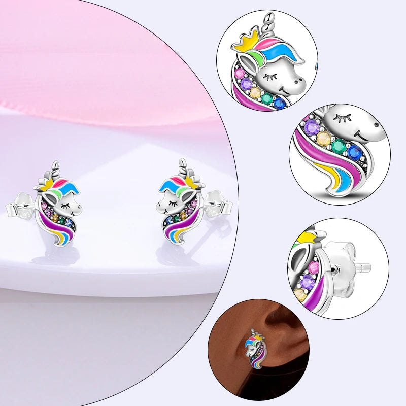 Earrings 925 Sterling Silver Stud Earrings Unicorn Star Zircon Stud Hoop Earrings For Women Girls Lovely Fashion Jewelry Gift