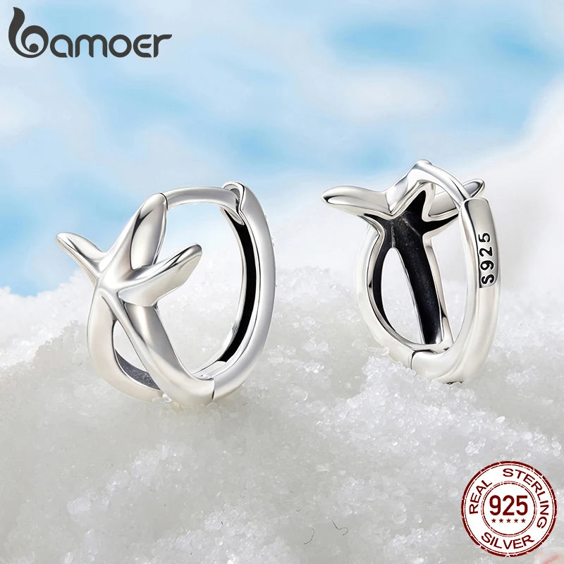 BAMOER Solid 925 Sterling Silver Starfish Hoop Earrings for Women Teens Starfish Small Hoop Earrings Huggie Small Beach Earrings