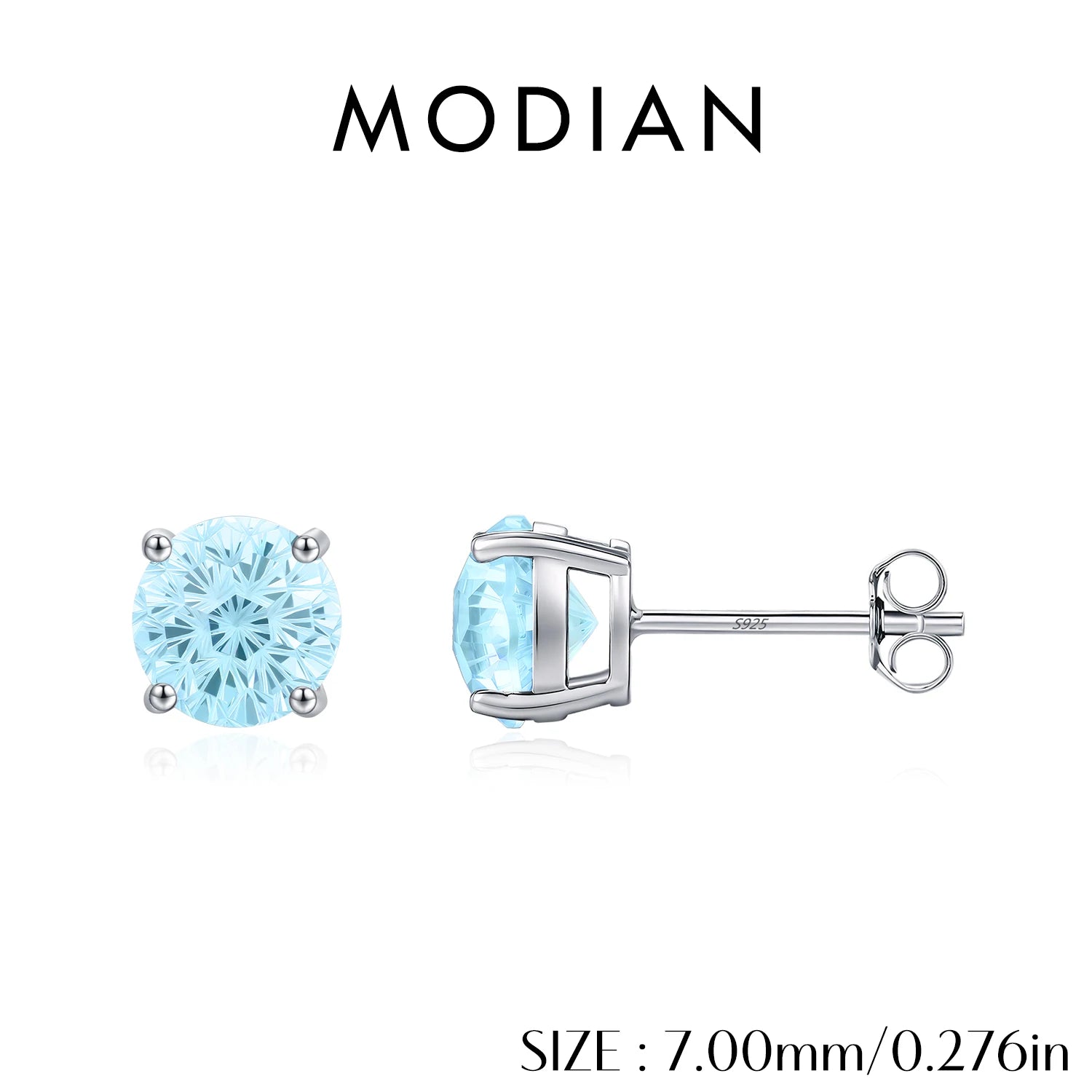 MODIAN 925 Sterling Silver Unisex Light Blue Firework Cut Zirconia Round Studs Earrings For Women And Men Fine Jewelry