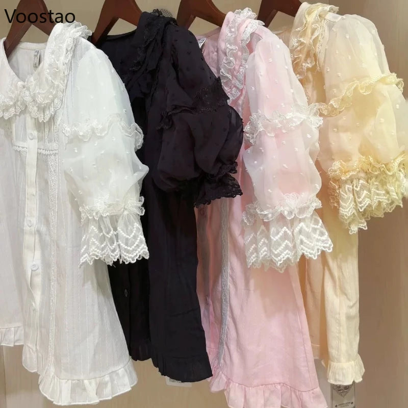 Japanese Sweet Lolita Shirts Women Kawaii Cute Puff Short Sleeve Lace Ruffles Slim Blouses Tops Girls Y2k Clothes Blusas Mujer